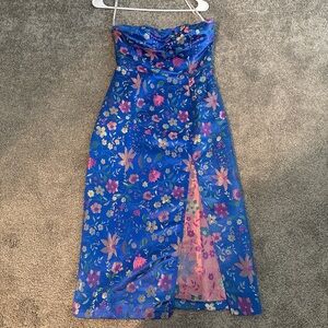 Lulu's Royal Blue Strapless Floral Midi Dress with Front Slit